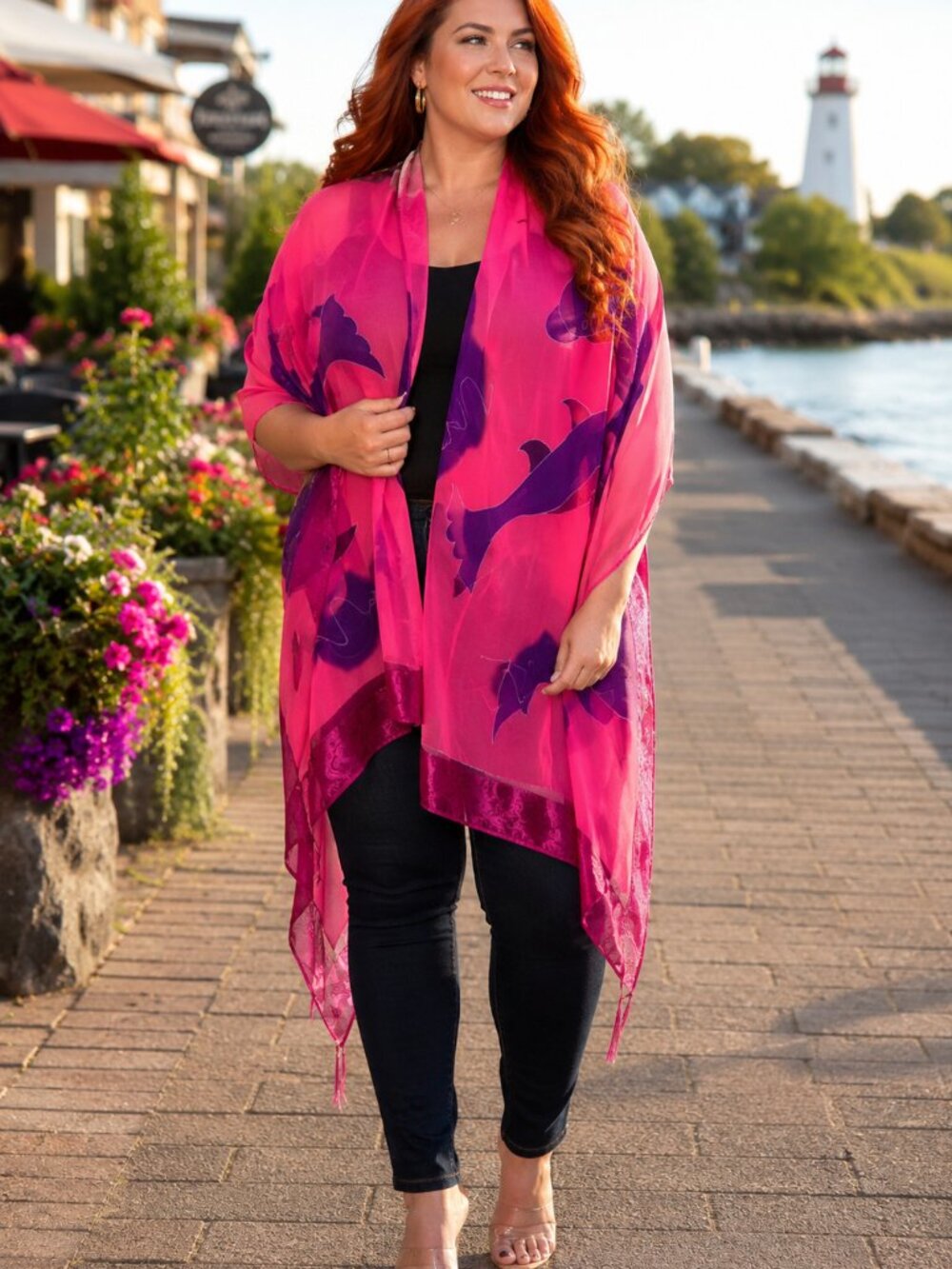Aremar Pink Purple Sheer Shawl Wrap Fringe Statement